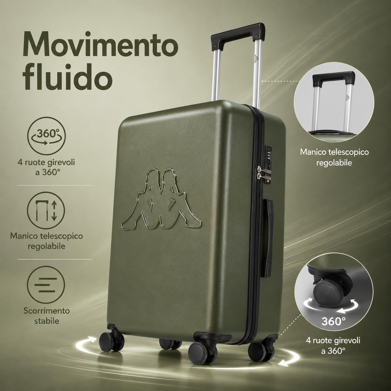Kappa Set 3 Valigie Rigide in Policarbonato, Trolley da Viaggio 55/65/75 cm con 4 Ruote Girevoli, Maniglie Telescopiche, Lucchetto TSA ed Espansione 352F57W, Verde