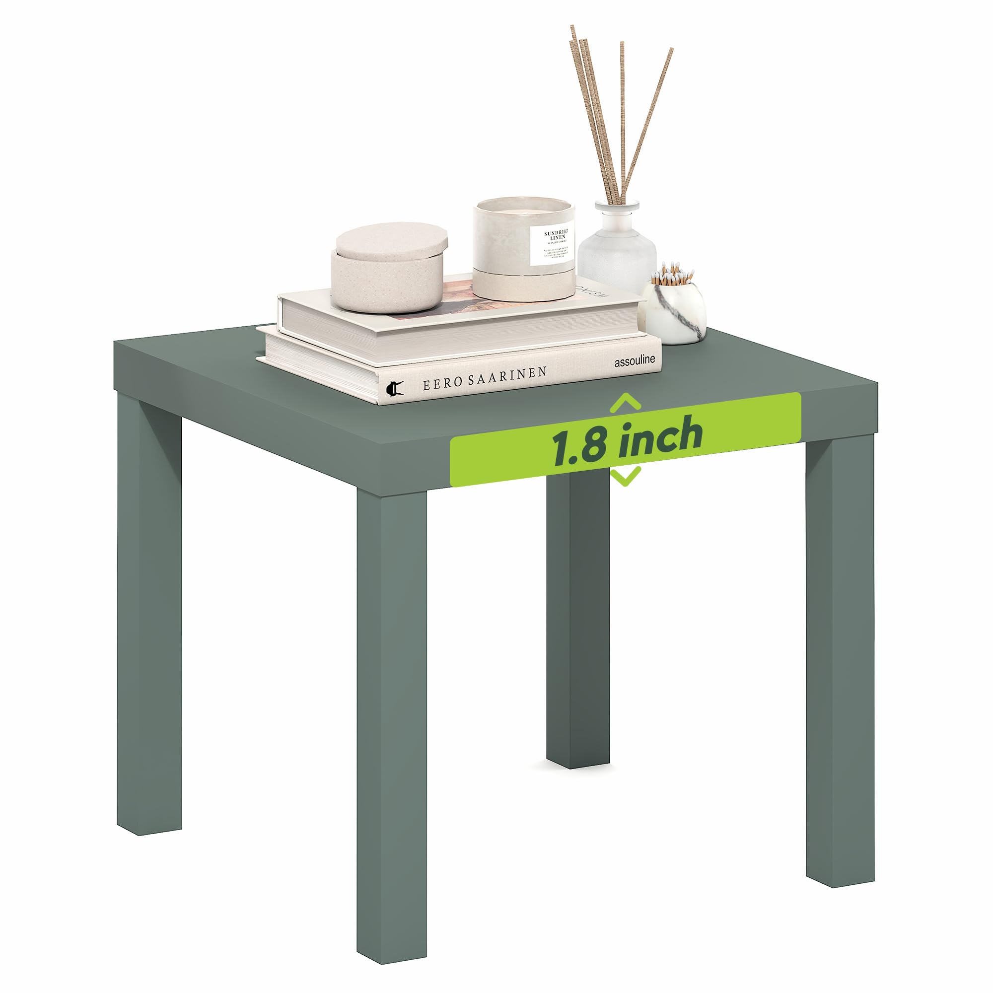 Furinno CLASSIC tavolino laterale, tavolino quadrato, comodino con piano spesso 1.8", tavolino da notte, tavolino da letto, per soggiorno, camera da letto, verde salvia