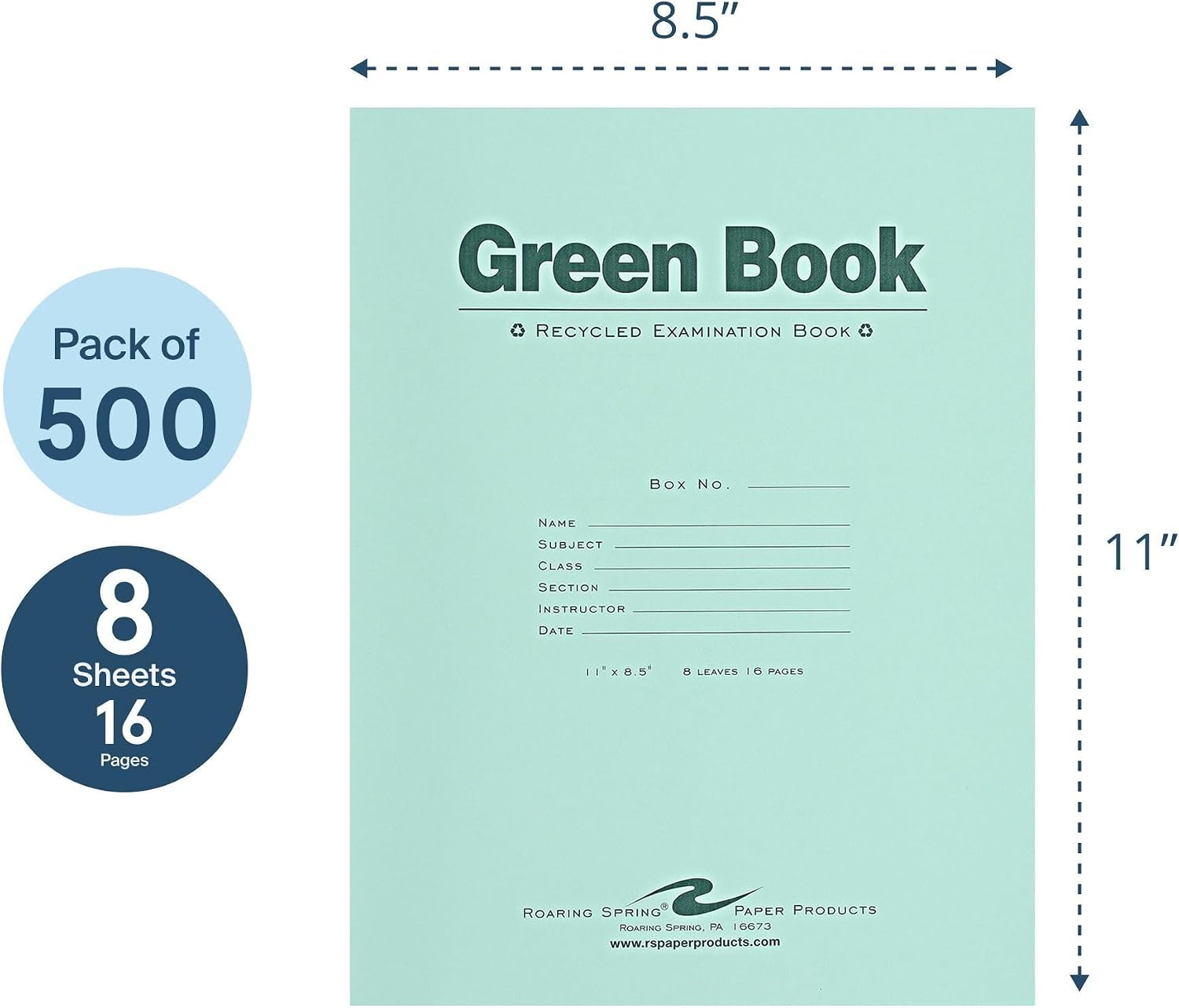 ROARING SPRING Recycled Green Exam Books, 500 School Examination Booklets, 11" x 8.5", 8 Sheets/16 Pages, Wide-Ruled with Margin Student Testbook, Made in USA