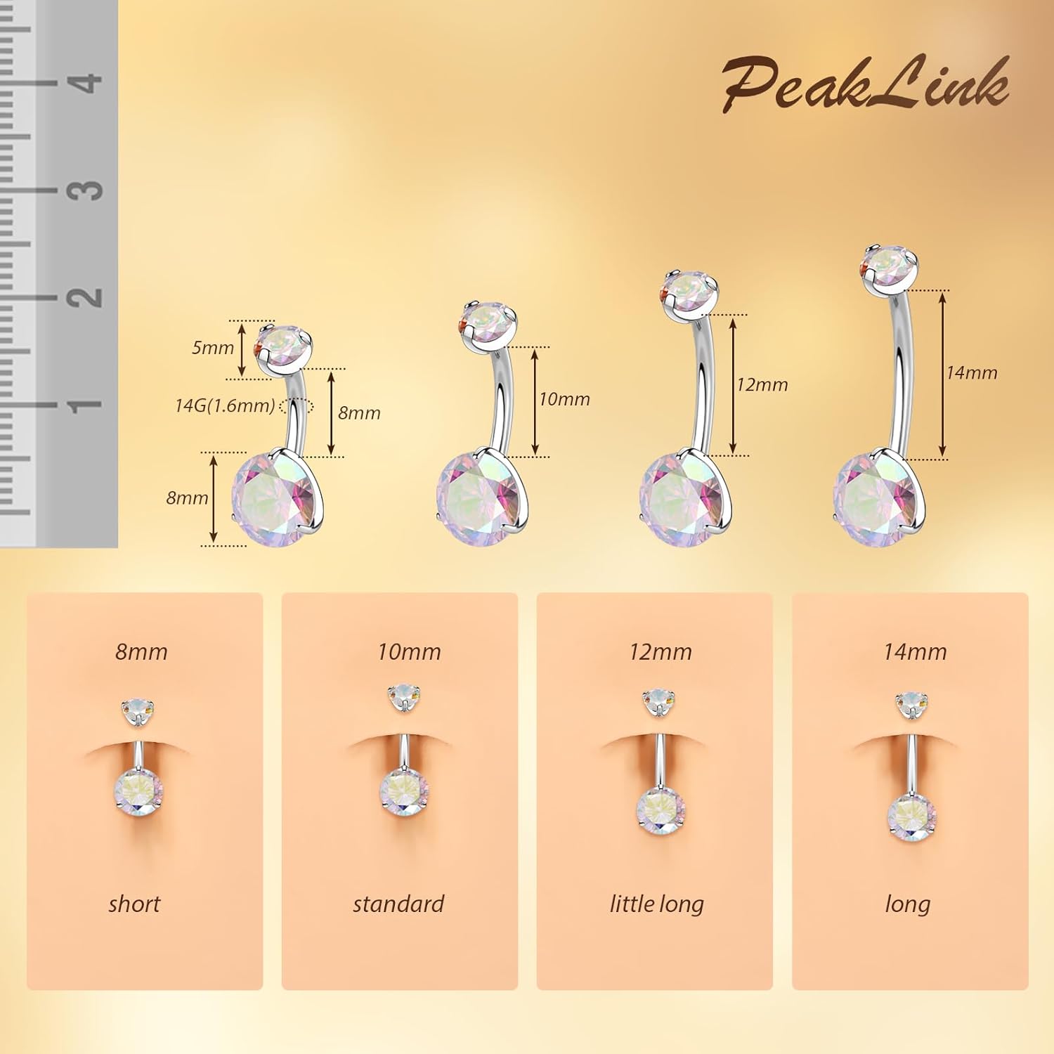 PEAKLINK Titanium Belly Button Ring 14G Belly Jewelry Navel Bar Internally Threaded Belly Barbell with Double Cubic Zircon Navel Jewelry Navel Belly Piercing for Women 8 10 12 14mm - Image 3