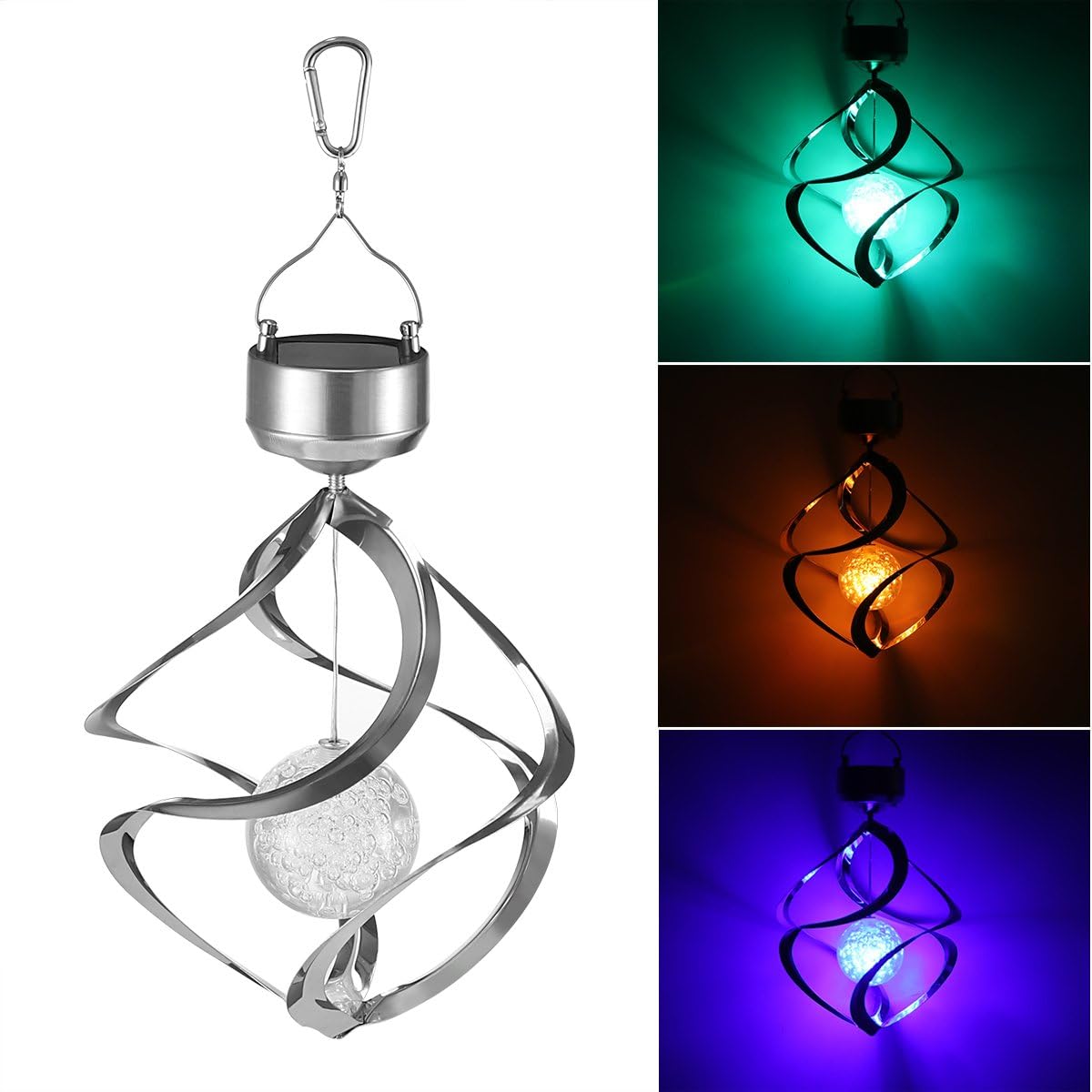 PowstroSolar Powered Wind Chime, Sliver Metal Wind Activated Crystal Ball Light, Modern Style Suncatchers for Lawns Gardens Yard