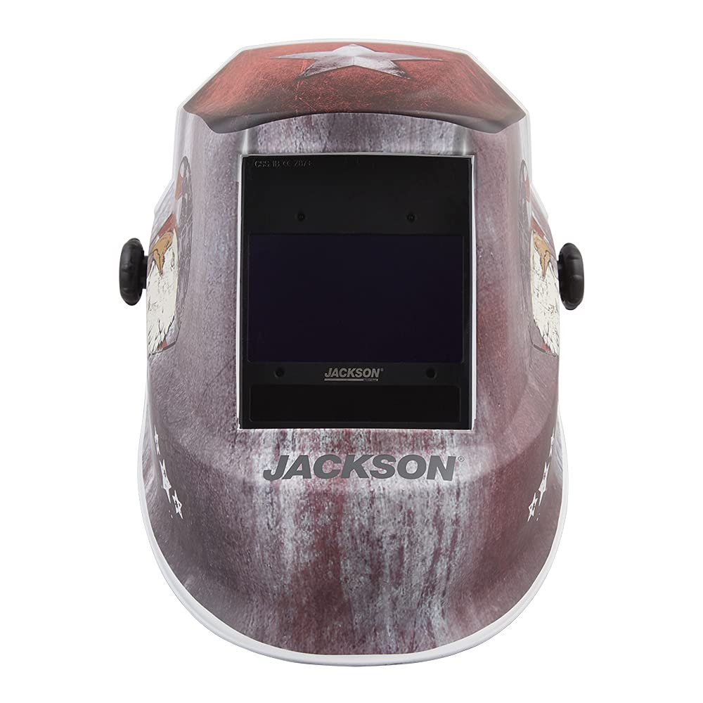 Jackson Safety Premium Auto Darkening Welding Helmet 4/5-13 Shade Range, 1/1/1/1 Optical Clarity, 1/25,000 sec. Response Time, 370 Speed Dial Headgear, Freedom Graphics, Red/White/Blue, 47103 - - 