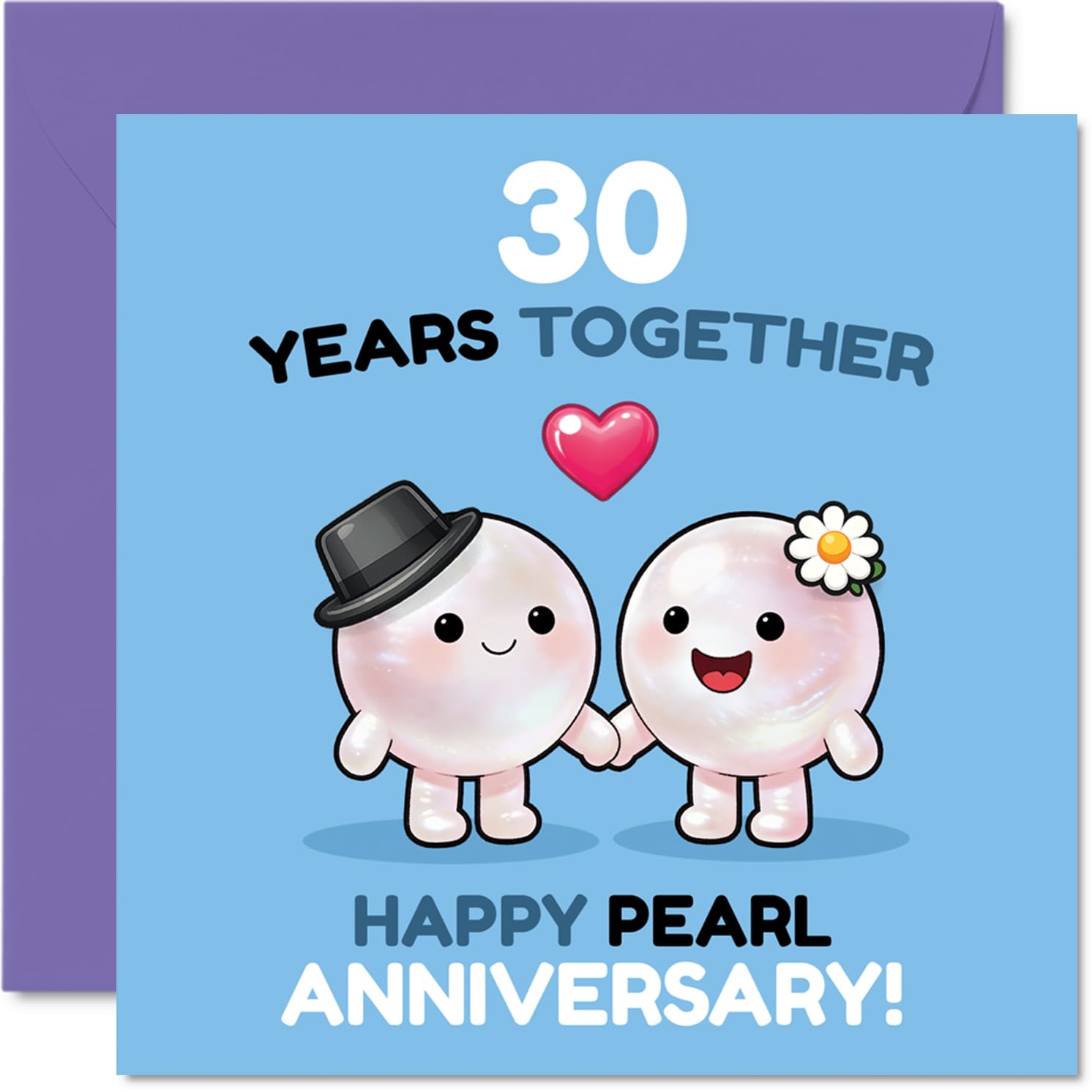 Playful 30th Anniversary Card - Pearl Characters Holding Hands Bring a Smile - Playful Anniversary Pearls Design - 145mm Square, Envelope Included