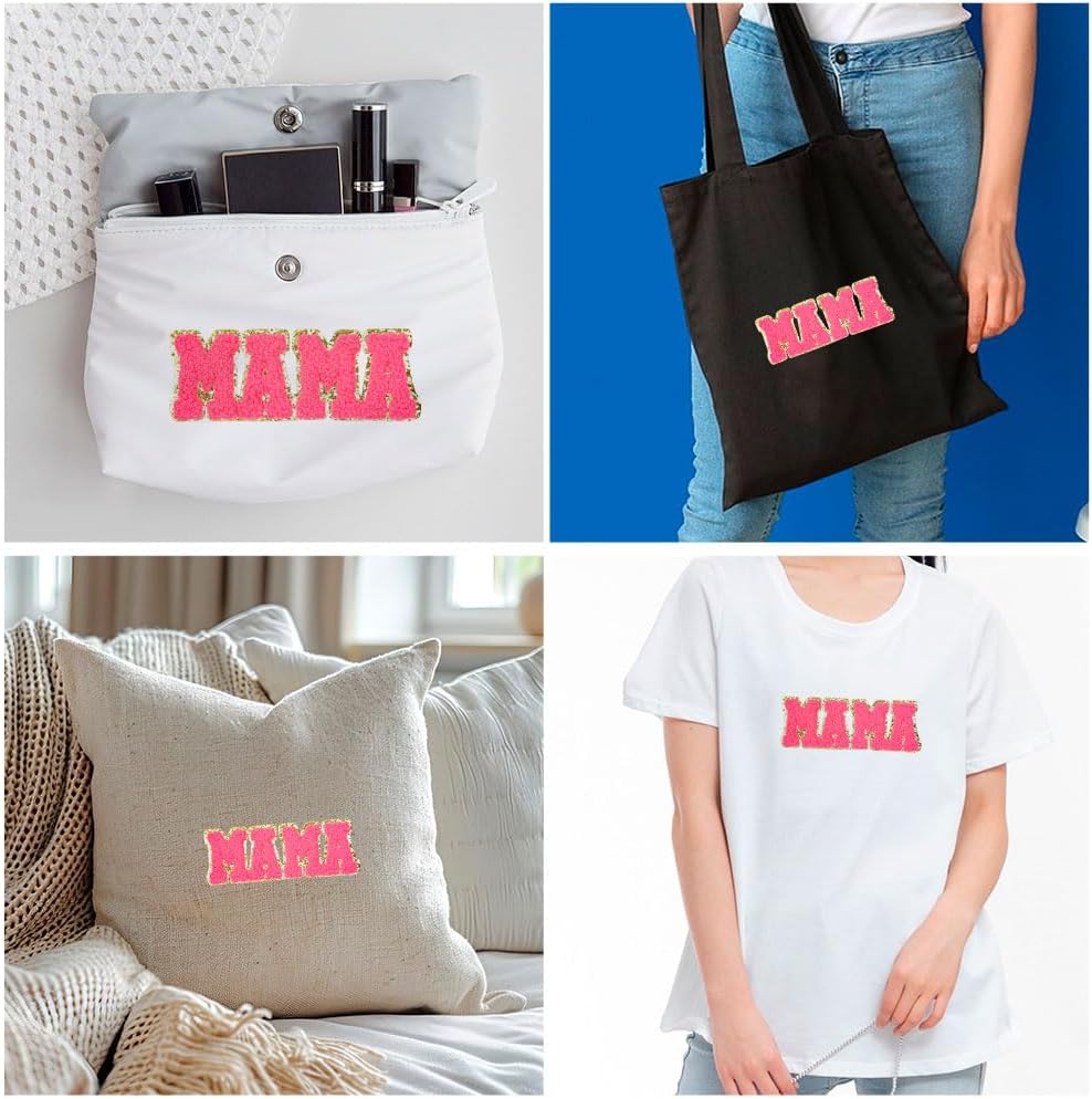 3PCS Mama Iron On Patch Chenille Letters with Glitter Edge Embroidered Applique for Clothing Trucker Hats Jackets Jeans Backpacks Bags Gift for Mom Girl Women Mother's Day DIY Crafts(Red) image 5