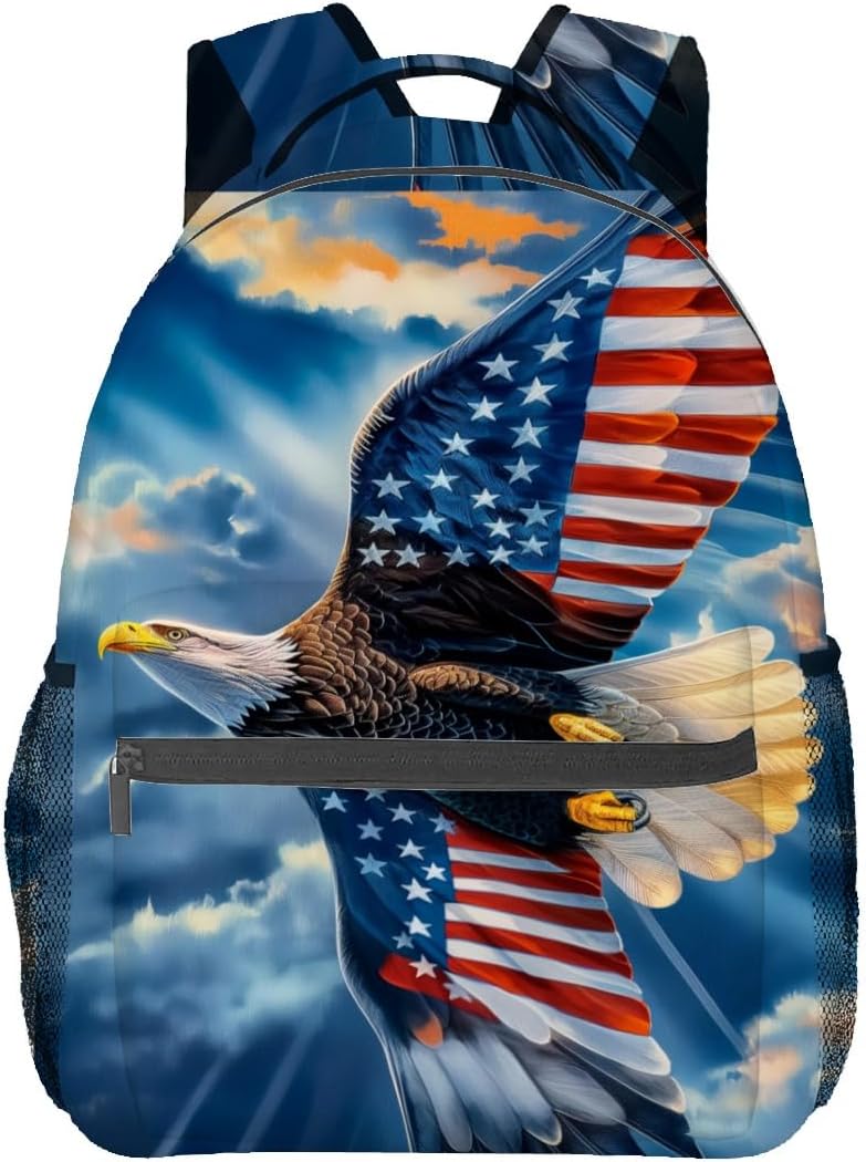 Bald Eagle Backpack, Polyester Laptop Bag, American Flag Wing and Sky Background Backpacks, Patriotic Back Pack, Rucksack Gifts for Men, Teens Bookbag, Travel Daypack, Hiking, Camping