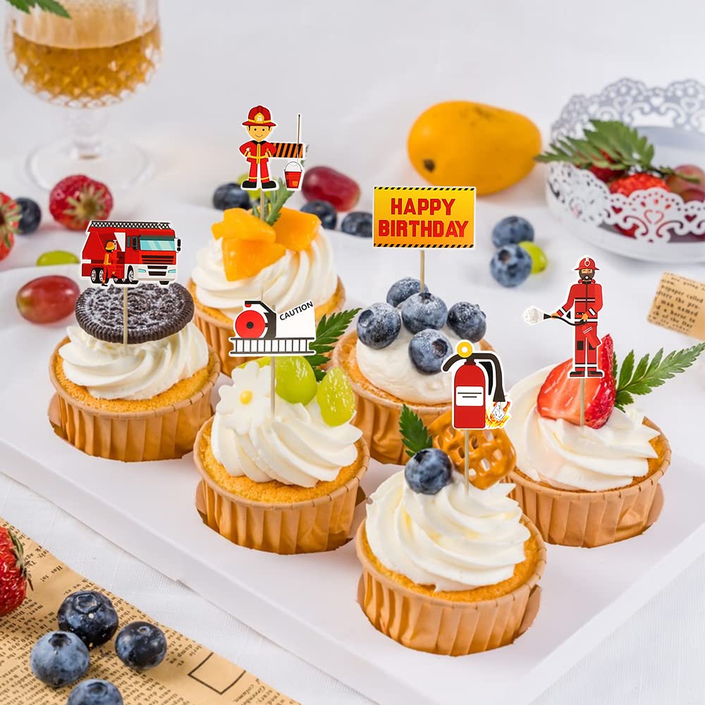48 Stück Feuerwehr-Cupcake-Topper – Vormontiert Für Kindergeburtstag (Feuerwehrauto, Hydrant, Flamme)