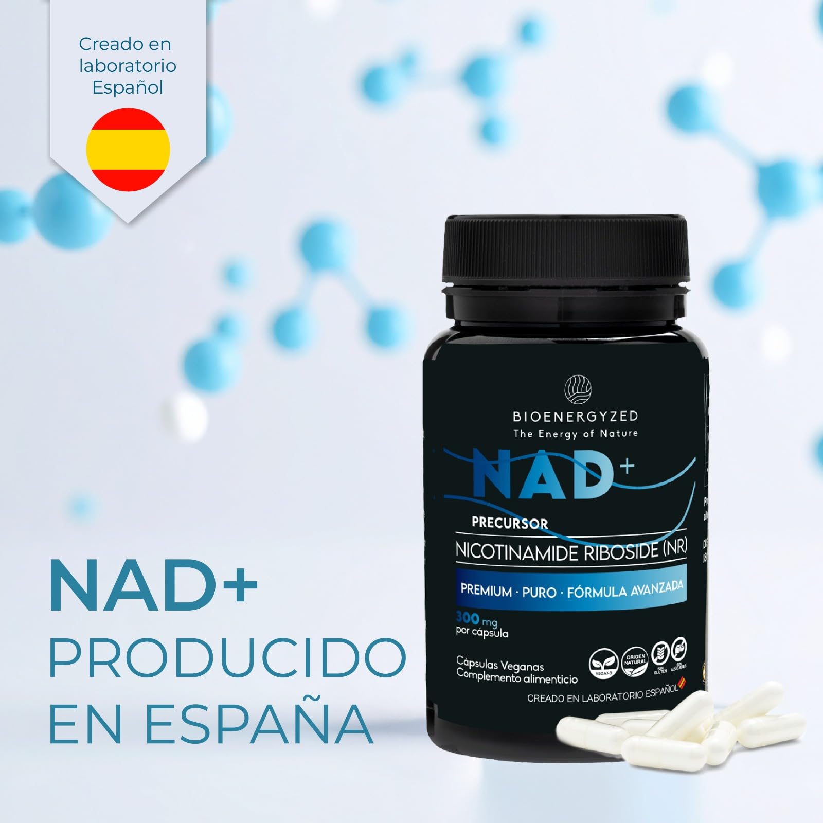 100% NAD PURO Alta Absorción, 300mg - Laboratorio Español - Salud celular, Antiedad y Energía - Pack Ahorro XL / 3 Meses - NAD+ Nicotinamide Riboside - Puro y Potente Sin Añadidos, Grado Farmacéutico