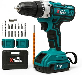 XTOOLS 21V Cordless Drill Machine Kit with 2x Batteries, 2-Speed Settings, 10mm Chuck, 24-Piece Accessories, Electric Screwdriver Power Tool for DIY Projects & Home Use, Compact Design