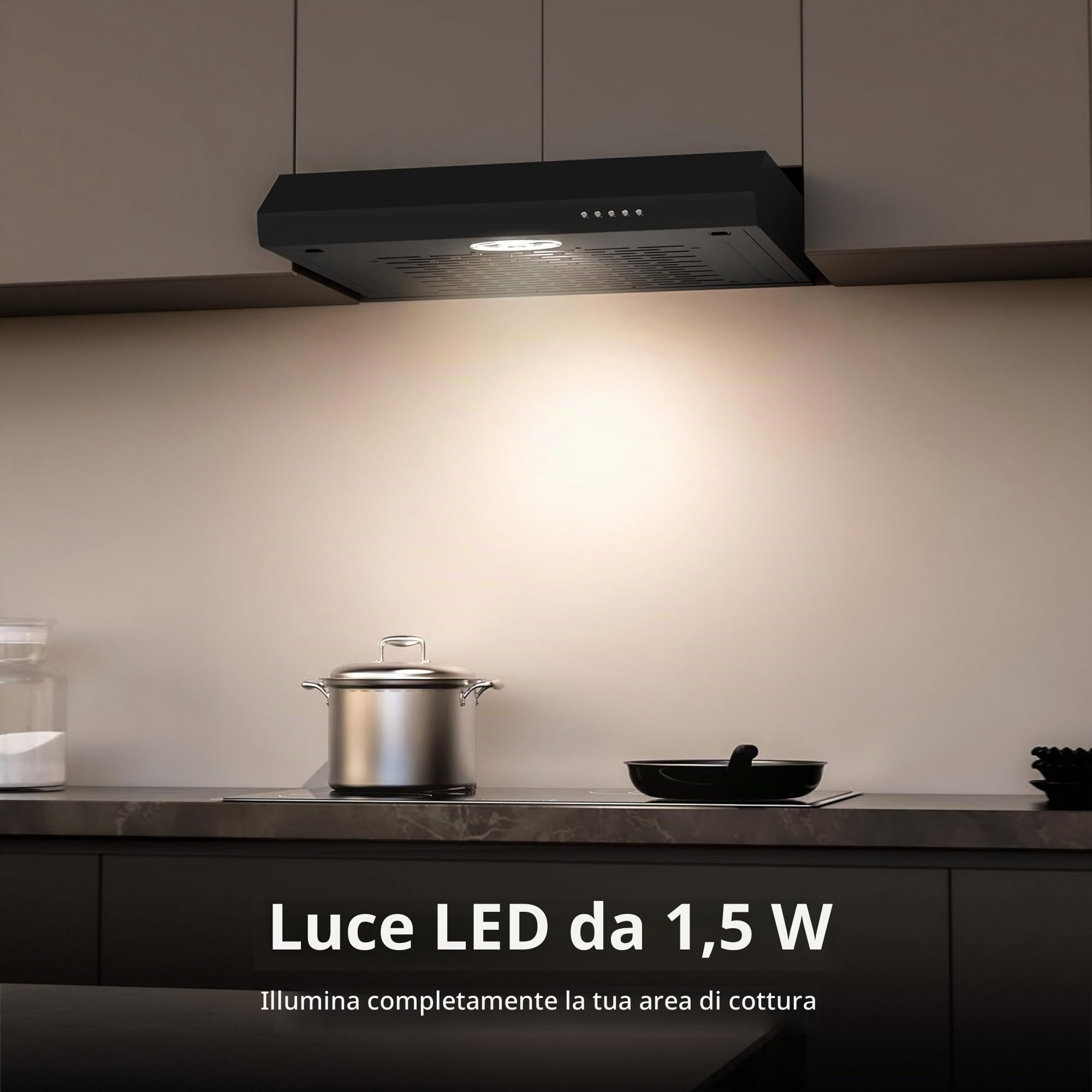 FIREGAS Cappa Aspirante 60 cm, Alta Efficienza, Design Moderno, Luce LED, Risparmio Energetico e Ricircolo,Cappa Cucina,Cappa Aspirante 60 cm Sottopensile,Nero