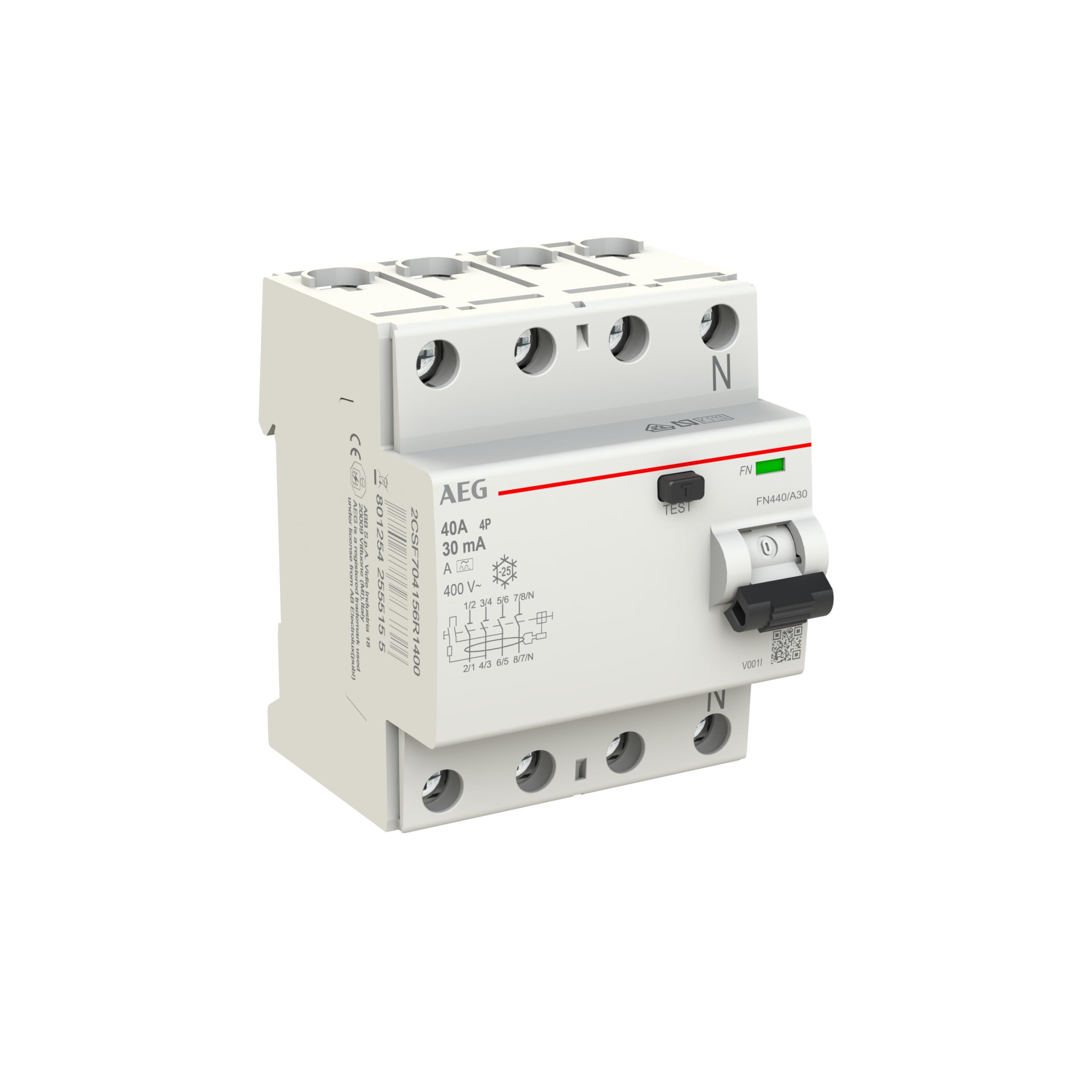 AEG przełącznik FI 4x40A/0,03 FN440/A30, wyłącznik różnicowoprądowy, 2CSF704156R1400, instalacja elektryczna