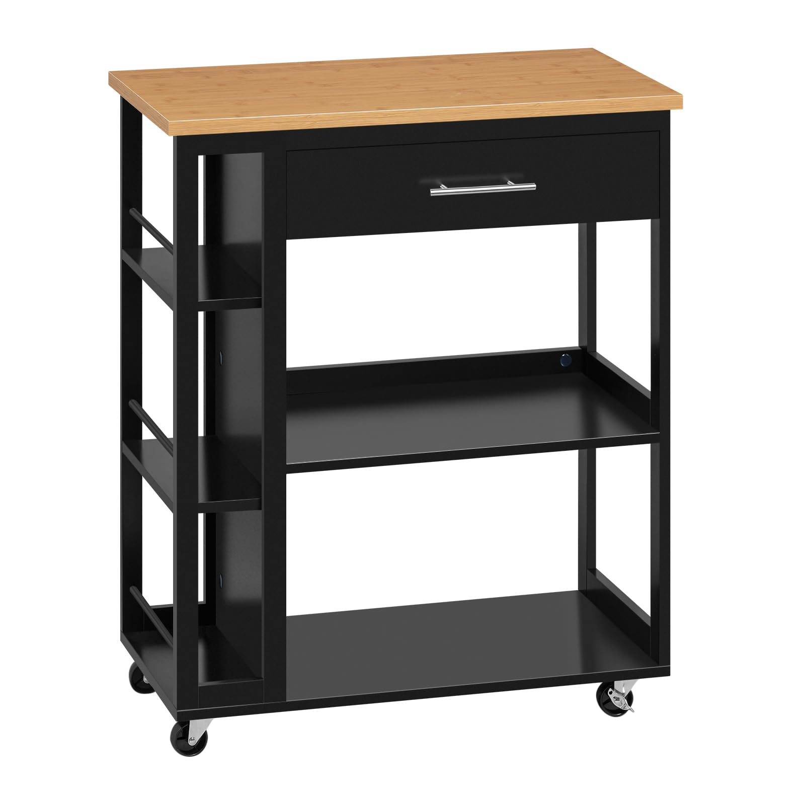 WOLTU Desserte à roulettes, Îlot de Cuisine, Chariot de Rangement avec Plan de Travail, Tiroir et Étagères Ouvertes, pour Salle à Manger/Salle de Bain, 73x38x88cm, Effet de Bambou + Noir, RW051sz