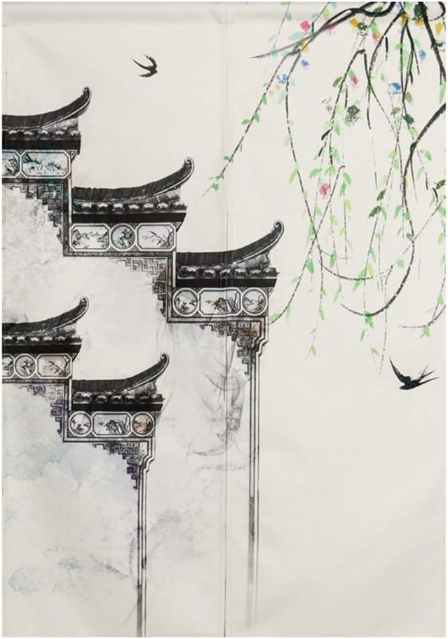 Japanese Noren Doorway Curtain Chinese Ink Painting Printed Door Curtain Tapestry Cotton Linen Room Divider, 33" x 59"