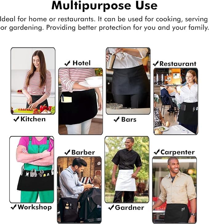 Miniatura 3 de Dreamology Delantal de servicio para camareras, delantal de cintura, delantal de servidor con 3 bolsillos, delantales de cintura corta para mujeres,