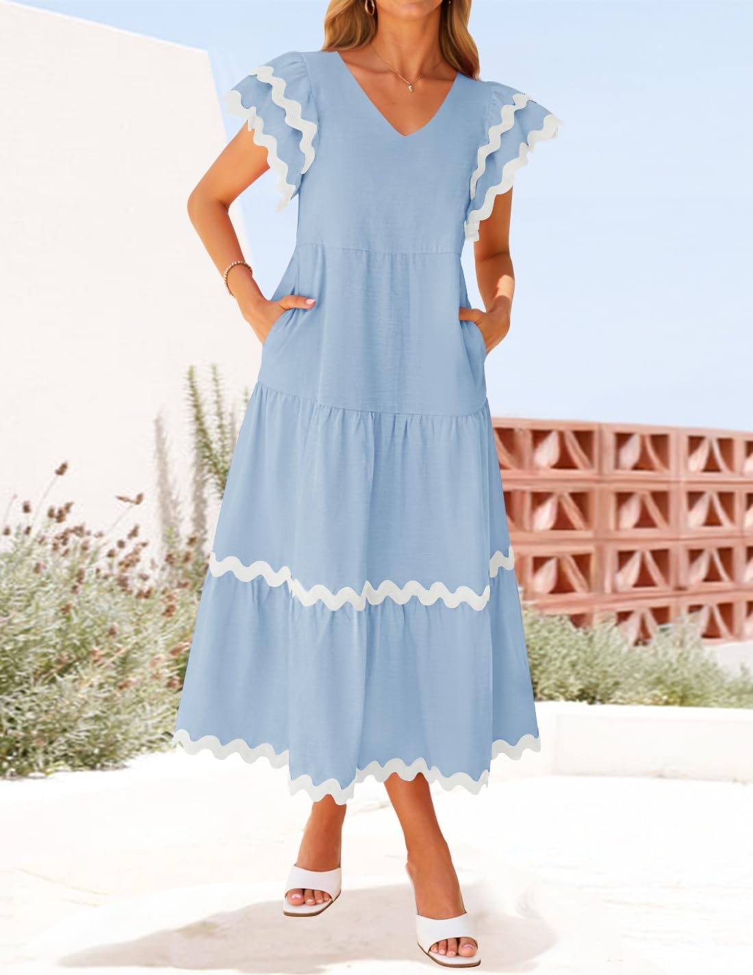 ZESICA Womens 2026 Summer Casual Midi Dresses V Neck Flutter Short Sleeve Ruffle Tiered A Line Flowy Beach Long Dress - Image 3