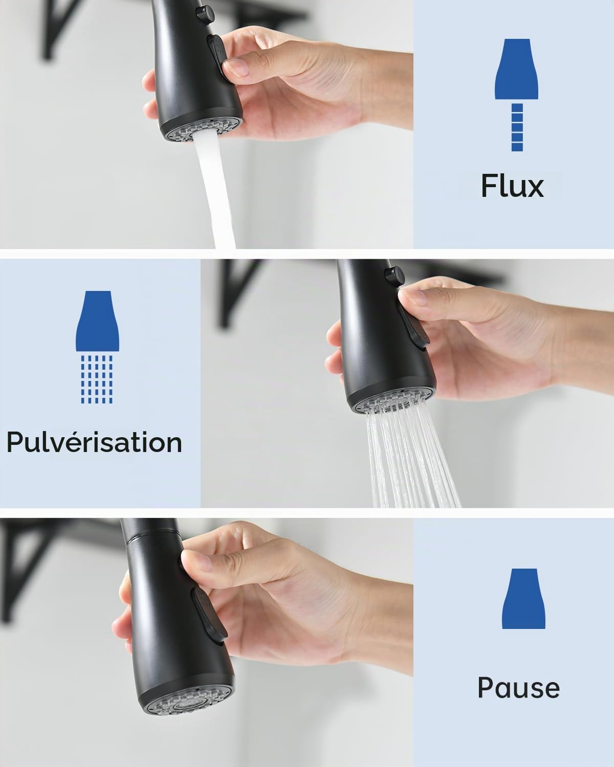 APPASO Robinet de cuisine noir avec douchette extractible, robinet d'évier pivotant à 360° avec 3 modes de pulvérisation I en acier inoxydable noir