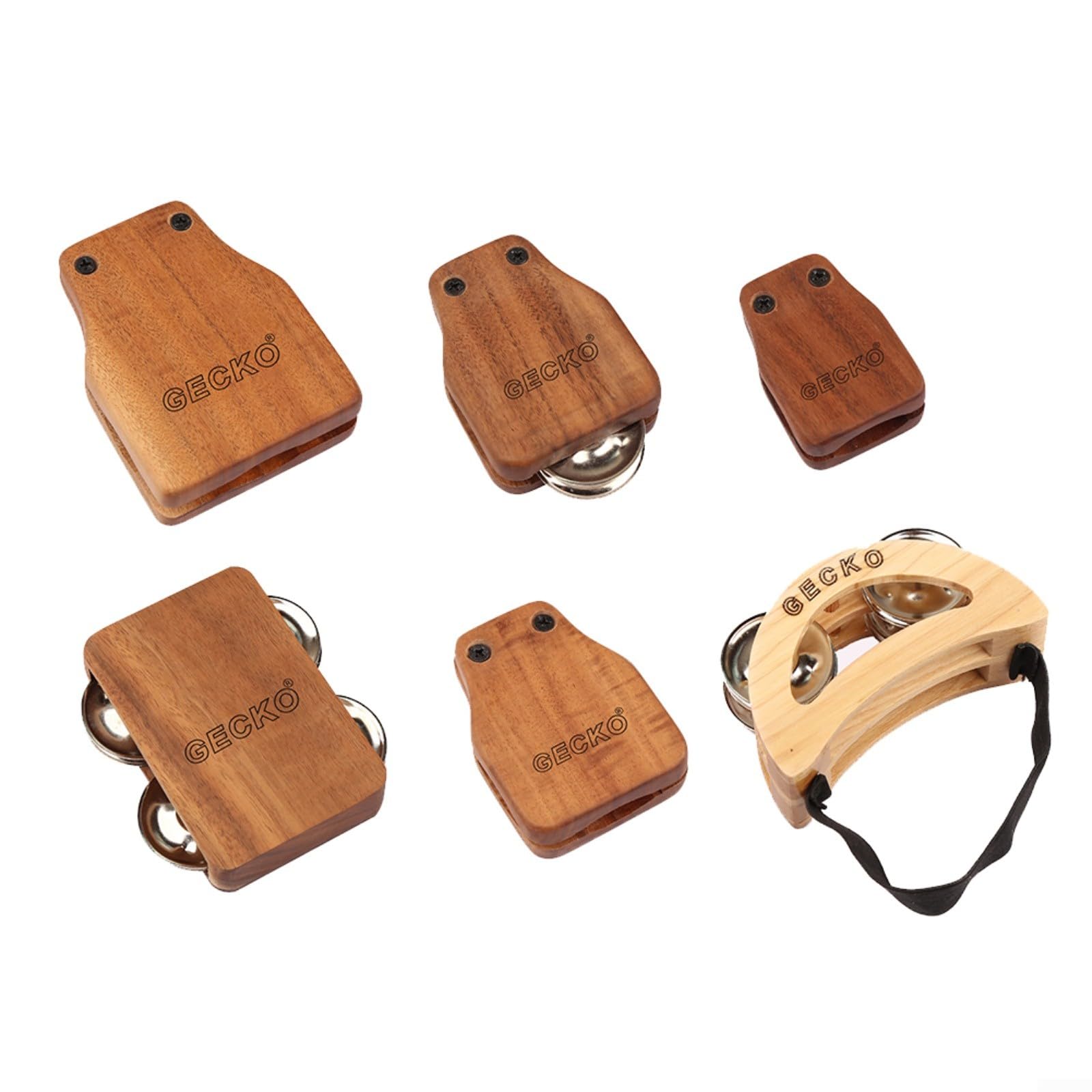 Juego de accesorios de cajón de 6 piezas para tambor de caja de geco con cascabeles de pie pandereta de percusión de madera para compañero para actuaciones en escenario, marrón (juego)