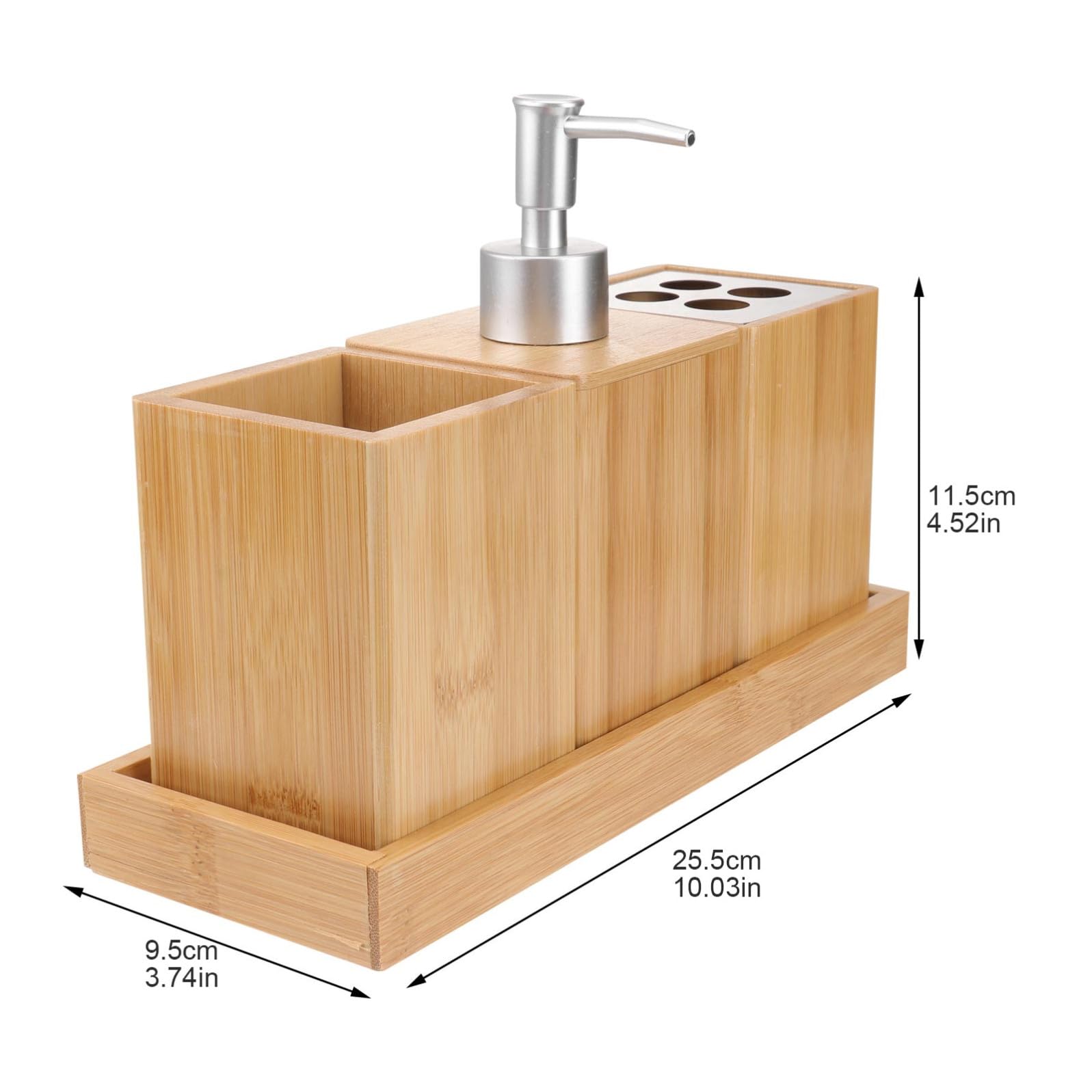 Set Accessori Bagno 4 Pezzi in Bamboo Wood per Lavabo | Ceramico e Marrone, Argento, Design Pratico e Stabile, Organizzazione del Piano Bagno