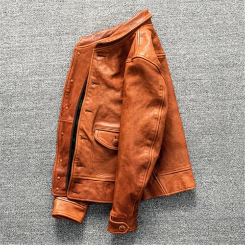 keusyoi Vintage Sheepskin Genuine Leather Jacket Lapel Single-Breasted Men's Short Slim Solid Color Leather Biker Jacket steampunk buy now online