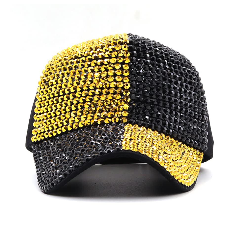 Bling Baseball Hats, Women Studded Rhinestone Crystals Adjustable Baseball Cap Sparkle Bling Denim Sun Hat Peaked Cap (Gold Black)