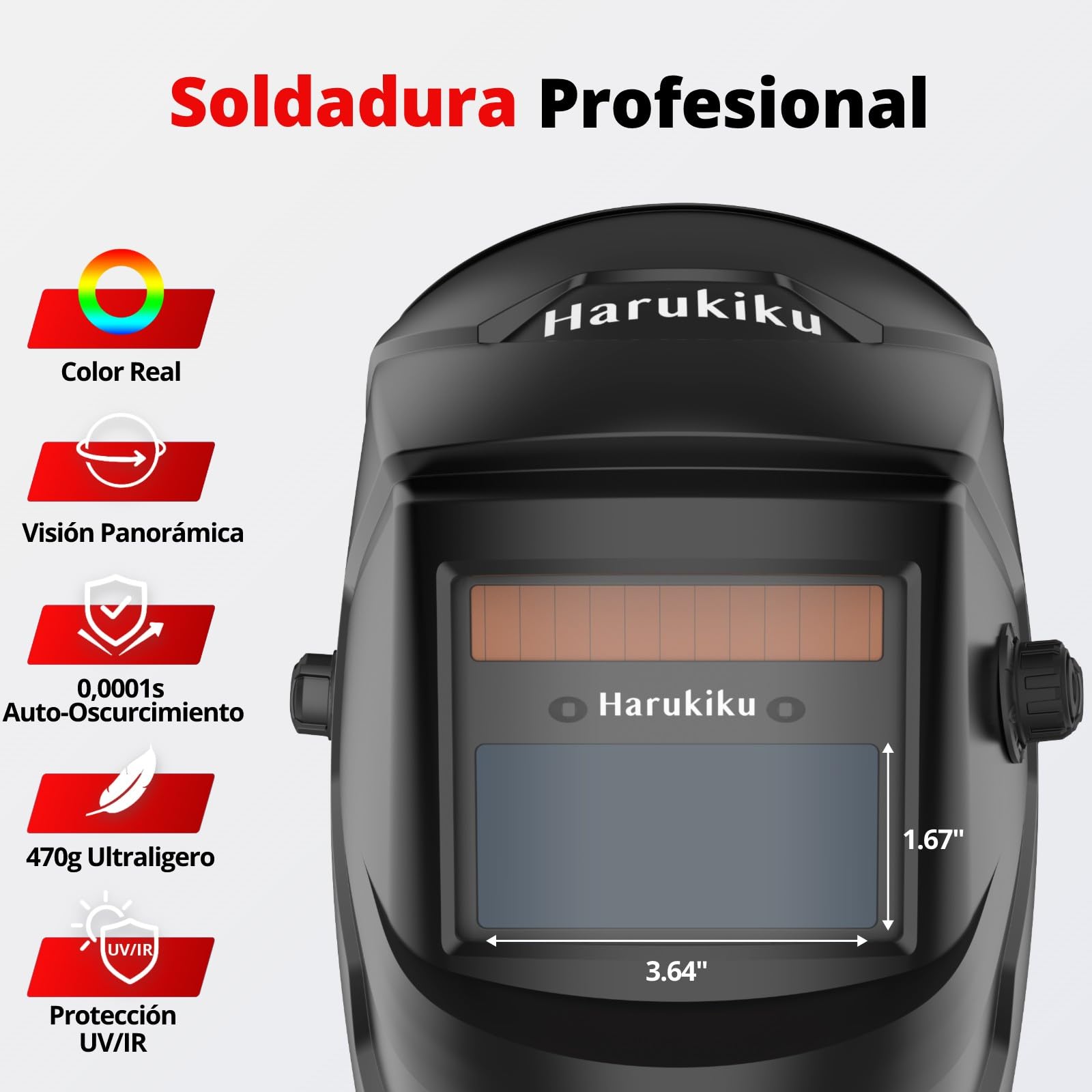 Máscara de Soldar Automática Harukiku | Doble Alimentación Solar+Pilas | Visor Auto-Oscurecimiento DIN4-9/13, Óptica 1/1/1/1 con Tecnología True Color