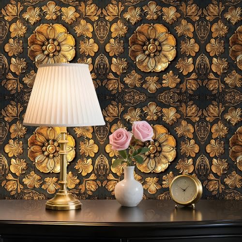 Livelynine 17.5x276 3D Black and Gold Wallpaper Peel and Stick Metal Tin Ceiling Tiles Decorative PVC Wall Panels Faux 3D Wallpaper for Living Room Bathroom Kitchen Adhesive Contact Paper Waterproof