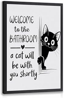 CAZLOUC Funny Black Cat Wall Art, Modern Minimalist Black and White Bathroom Wall Decor, Welcome to the Bathroom Poster Print, Cute Animal Artwork for Washroom Kids Restroom Wood Framed 12x16 Inch