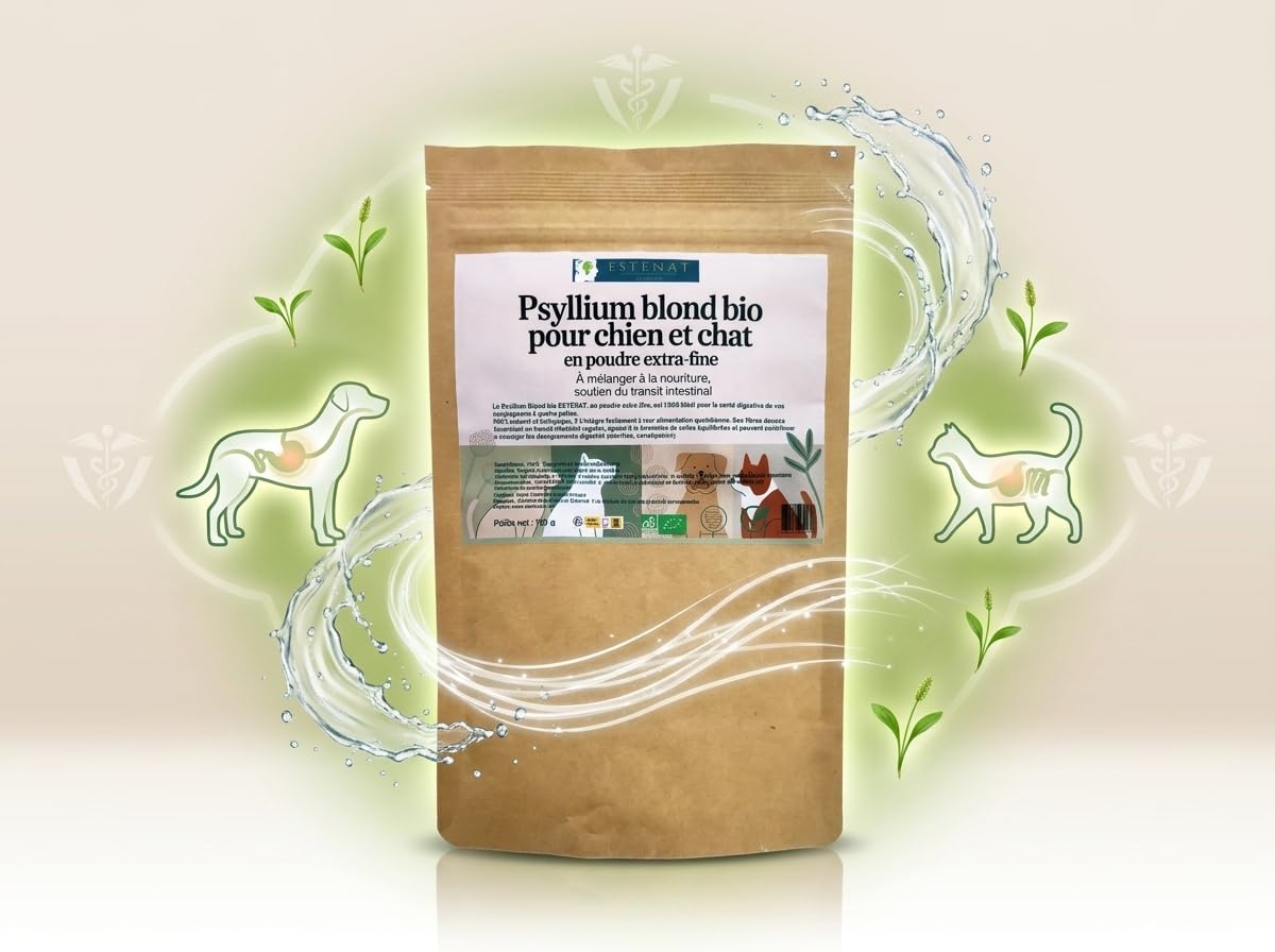 Psillio Biondo Bio in Polvere Extra Fine per Cani e Gatti, 300g – 100% Naturale – Supporto alla Digestione e al Transito Intestinale – Facile da miscolare al cibo – Esténat