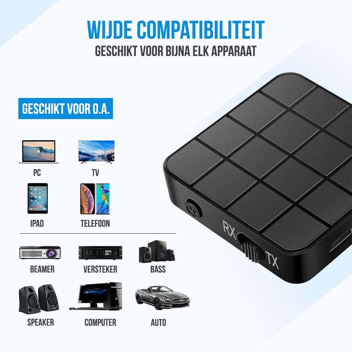 Image showing the Strex Bluetooth adapter and a wide range of compatible devices including PC, TV, iPad, Phone, Beamer, Amplifier, Speakers, Computer, and Car audio systems.