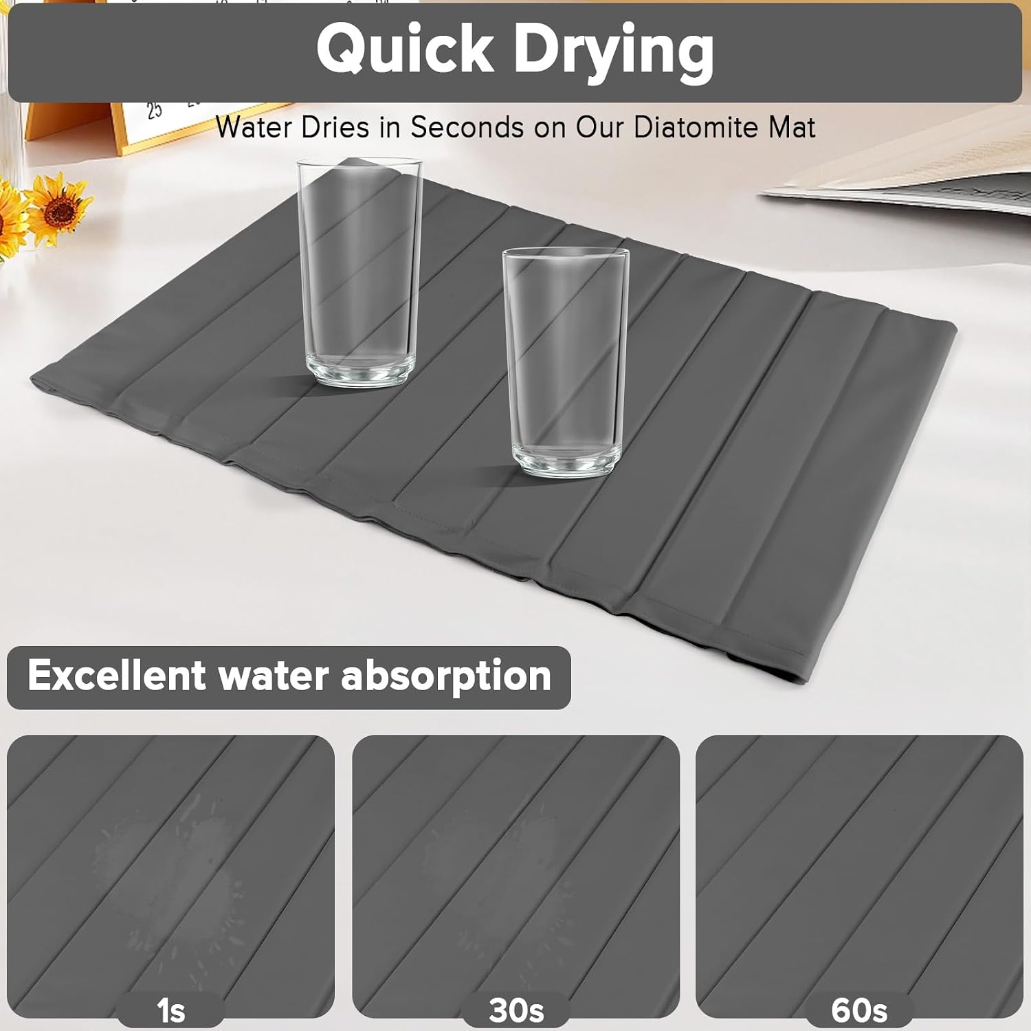 Large Stone Drying Mat for Kitchen Counter, 24" × 16" Quick Dry Stone Mats with Stain-Defying PU Leather Removable and washable, Dry Diatomaceous Earth Dish Mat，Foldable, Absorbent Mats Black