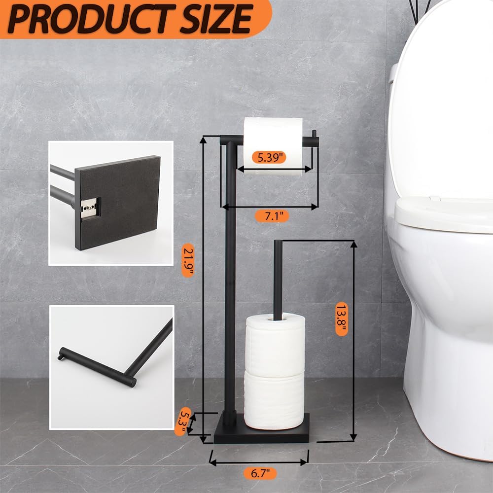 GERZWY Bathroom Toilet Paper Holder Stand with Reserve, Modern Tissue Roll Holder SUS304 Stainless Steel Rustproof Freestanding, Matte Black DZY003-BK