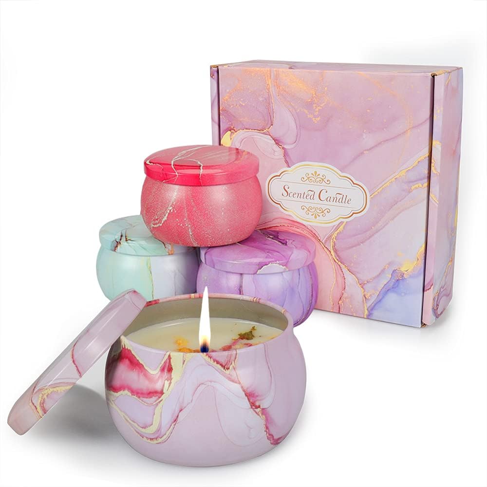 Set 4 candele profumate in cera di soia — profumi floreali, vasetti in vetro