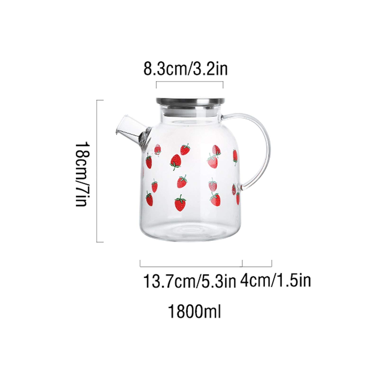 Jarra Agua Fria Jarra de Vidrio de Fresa con Tapa de Acero Inoxidable Tetera de Vidrio de Alto borosilicato con colador Puede ser un Regalo (1800 ml) Jarra Agua Detox Frutas