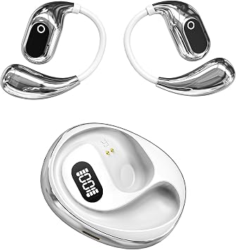 Open Ear Headphones Wireless Bluetooth 5.4, OWS Earphones Wireless Earbuds with Earhooks and Mic, IPX5 Waterproof, 64H Range, Out of Ear Earbuds for Sports Running Workout Driving White
