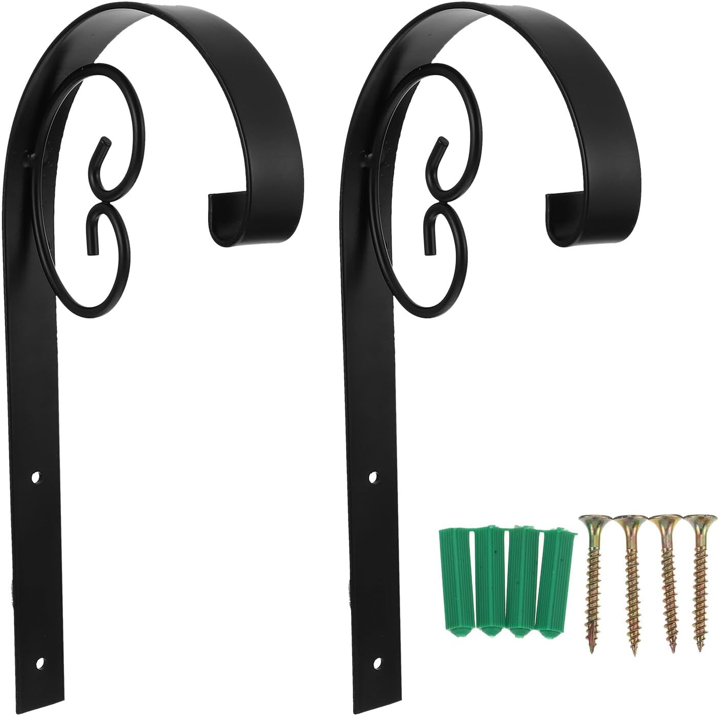 2pcs Black Iron Wall Mounted Hanging Flower Basket Brackets with Screws, Outdoor Plant Pot Holders for Balcony, Garden, Patio Décor