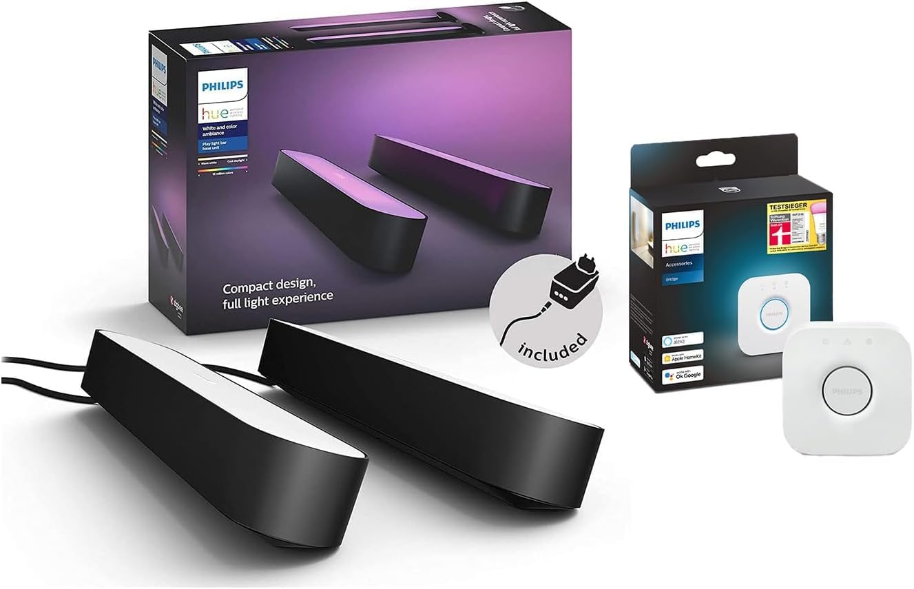 Philips Hue - Kit Inicio Barras de Luz Hue Play, Luz Blanca y de Colores, con Hue Bridge, Funciona con Alexa, Google Assistant y Apple HomeKit, Negro - Pack de 2
