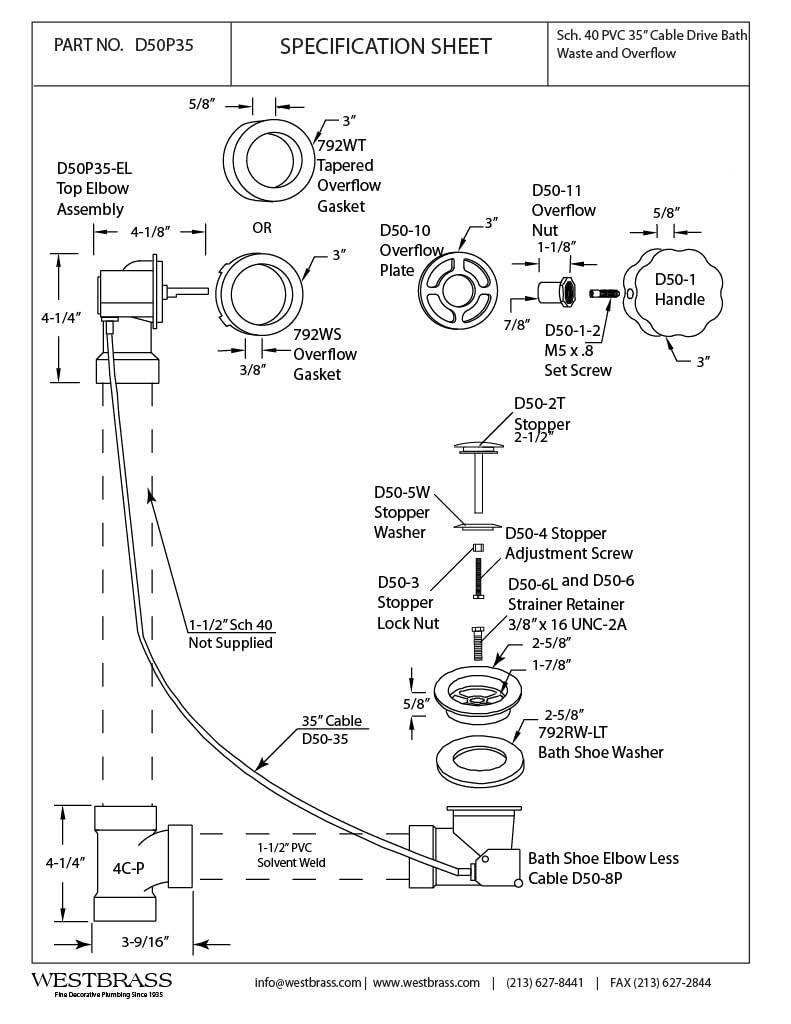 Westbrass d50p35 SCH. 40 Cable de PVC 35 en. Disco desagüe de bañera