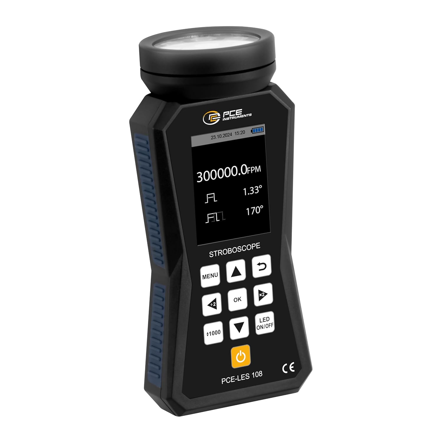 PCE Instruments PCE-LES 108 Handheld UV Stroboscope for Non-Contact Speed and Vibration Measurement, Measures Flash Frequency up to 30,000 FPM, Features High-Power LEDs and Rechargeable Battery