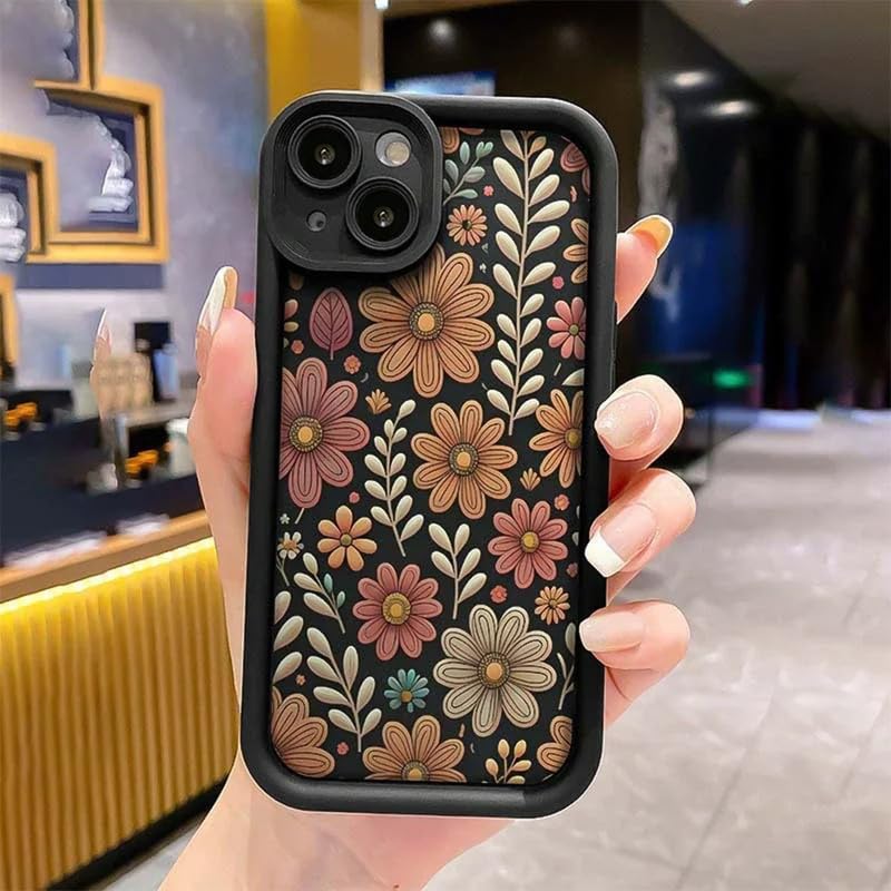 Image of ZR022 for iPhone 13 Back Case Cover | Floral Designer Aesthetic Flower Printed Soft Silicone | Slim Fit | Camera Protection | Shockproof TPU Case - Black