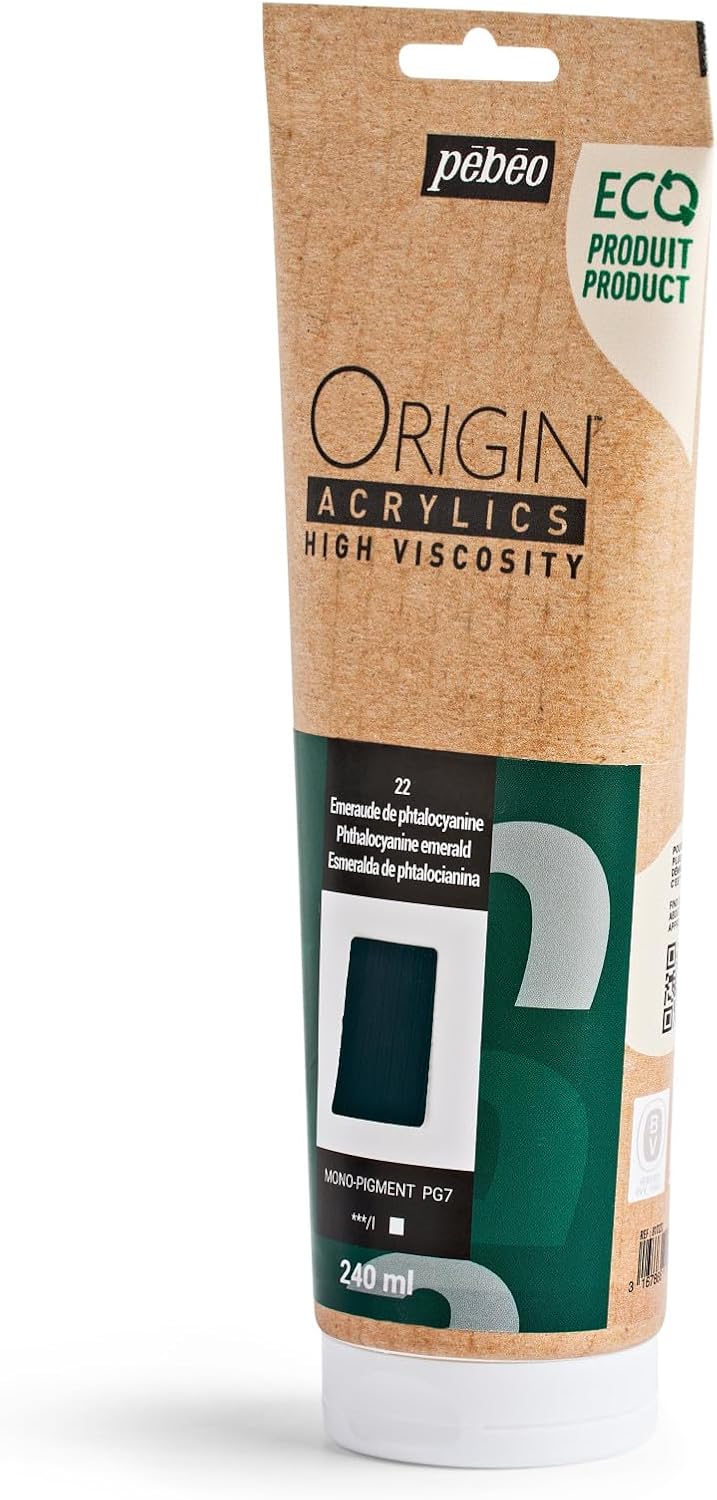 PEBEO Origin - Eco-designed High-viscosity Acrylic Paint - High Pigment Concentration for Intense Color and Excellent Lightfastness - 8.11 Fluid Ounces (240 ml) Tube - Phthalocyanine Emerald