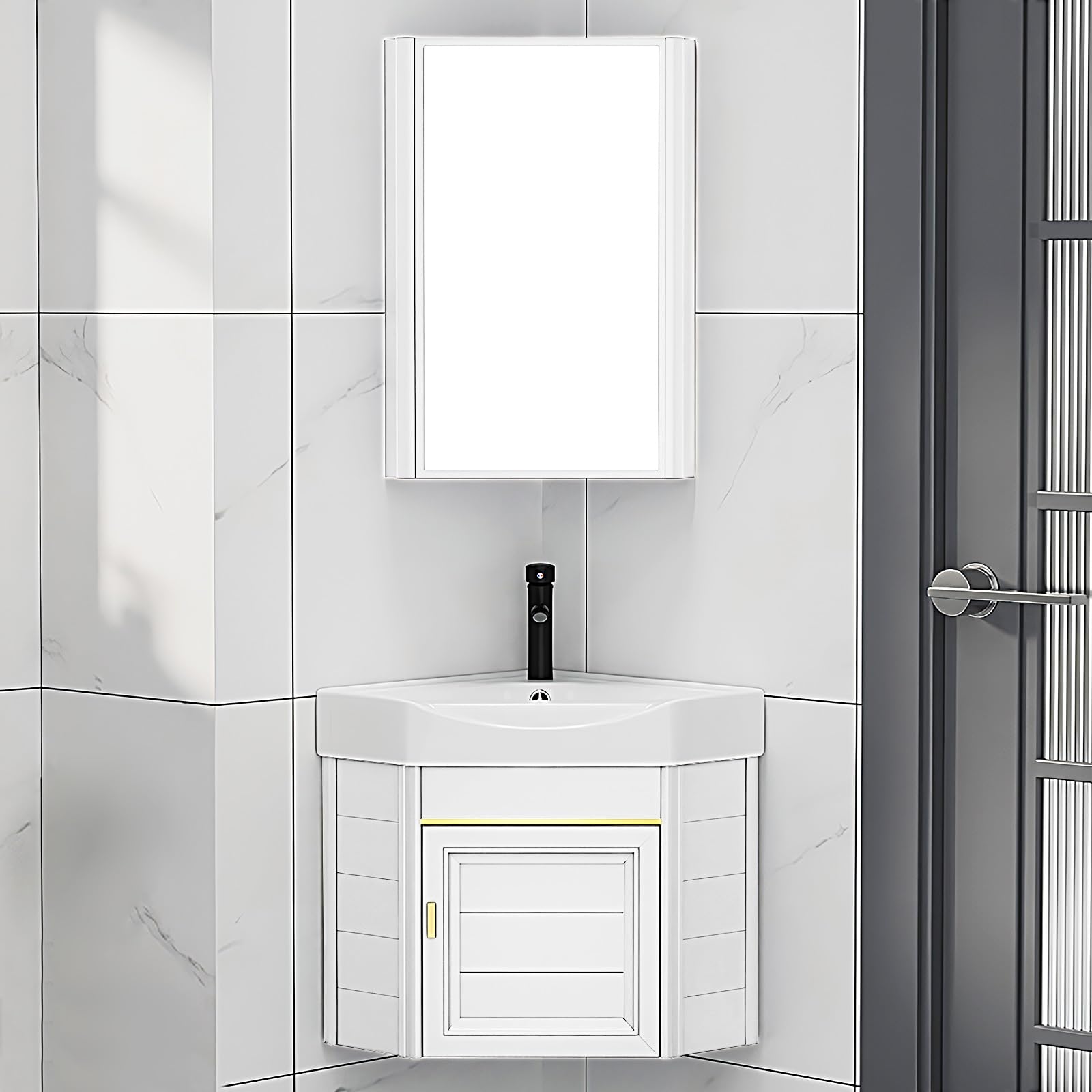 AYCDL Corner Bathroom Vanity Set with Ceramic Sink Mirror Cabinet and Wall Mounted Corner Vanity Cabinet for Small Spaces,B-43cm/16.9in