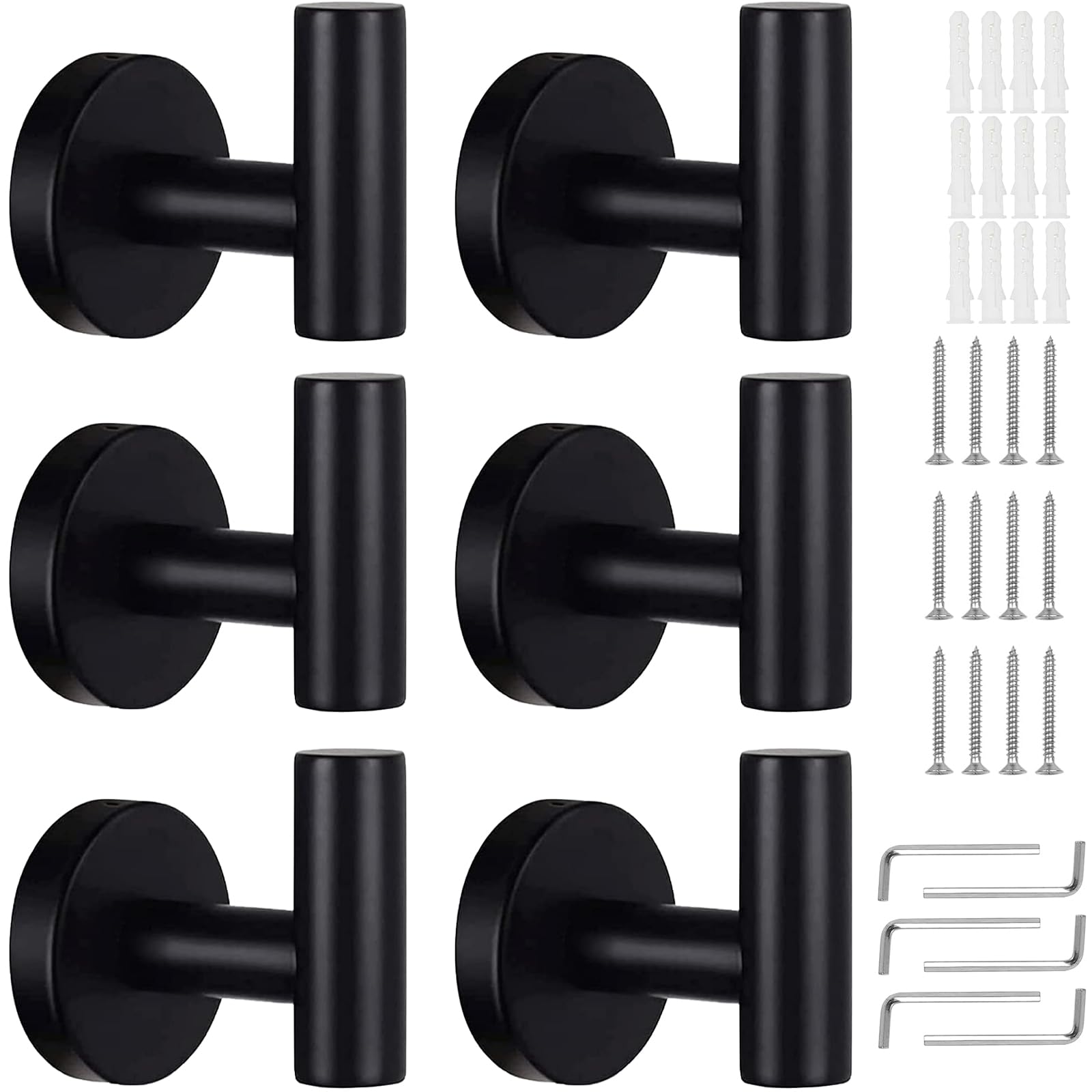 KissDate 6 Pack Towel Hooks, Wall Coat Hook Bathroom Matte Black Robe Hook SUS 304 Stainless Steel Heavy Duty Door Hanger Clothes Cabinet Closet Sponges Hook Shower Robe Hand Hooks for Bathroom