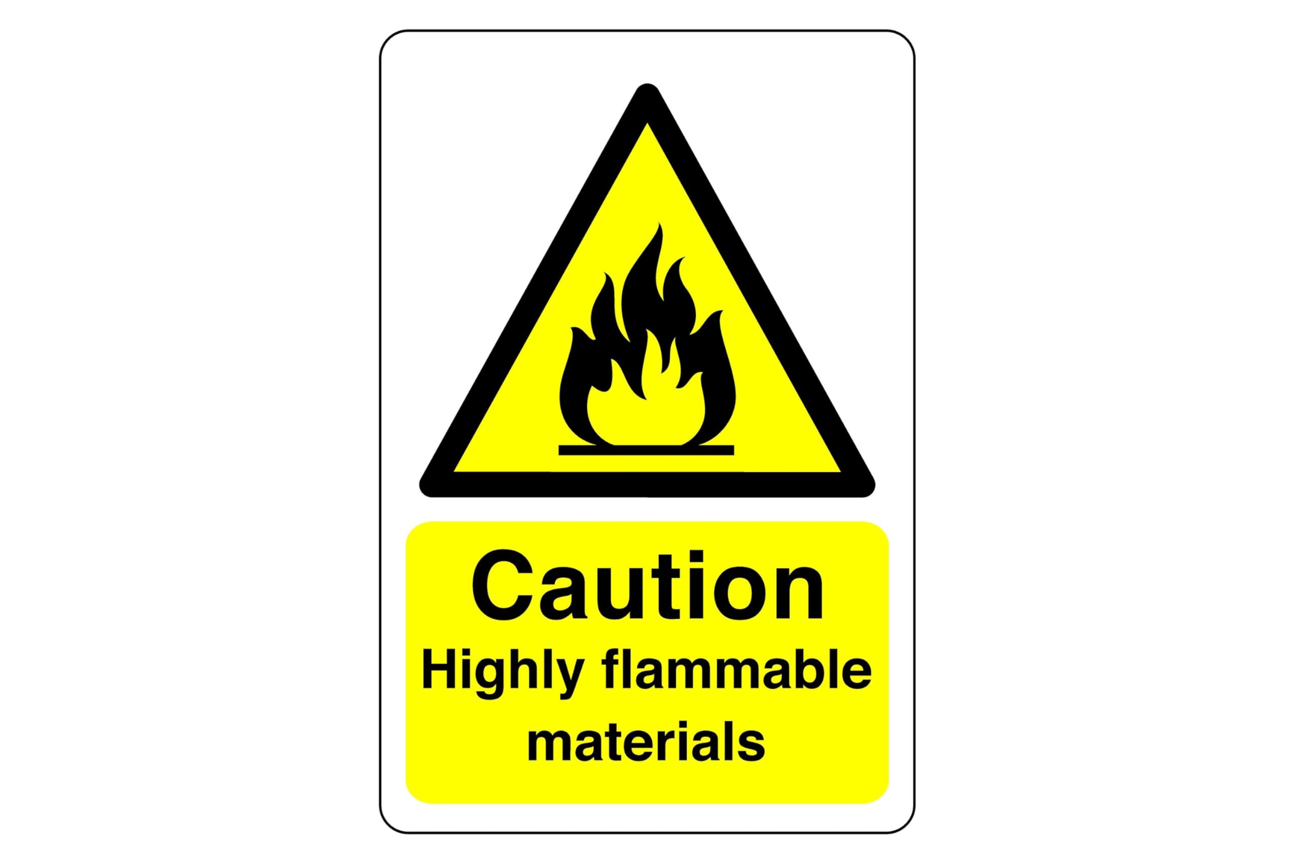 Safety First Display Ltd Yellow/Black Caution Highly Flammable Materials Sign - High Tack Self-Adhesive Sticker (300Mm X 200Mm) Viewing Distance Within 7M.