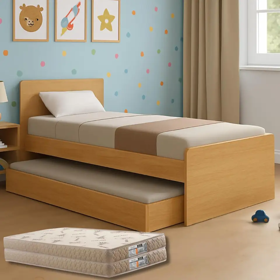 Bicama Solteiro Bibox Cama com Auxiliar e Colchões Premium Bordado (Colchões D33, Cinamomo)