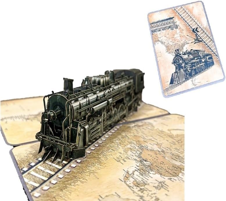 ETA Vintage Steam Train 3D Pop-Up Card – Handmade Locomotive Train Greeting Card for Men, Train Enthusiasts, Retirement, Birthday, Father’s Day – With Envelope – Railroad Collectible Card, H34