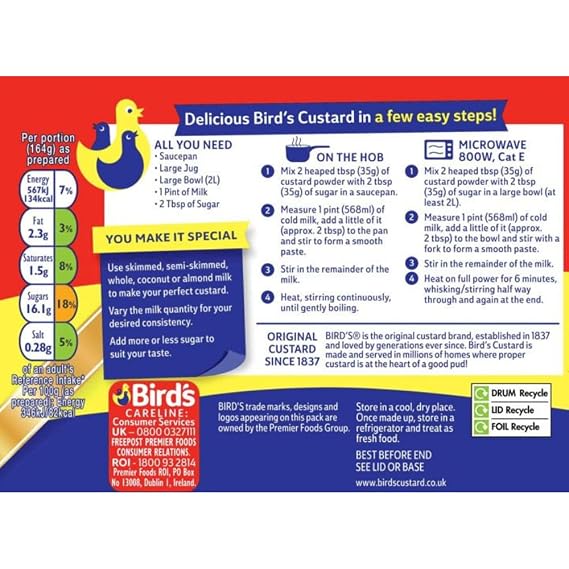 Bird's Traditional Custard Powder Dessert Mix, 350 g Tub (Pack of 1) | Rich, Creamy Custard Mix, Quick & Easy Preparation, Versatile for Desserts, Silky-Smooth Texture, Family-Friendly