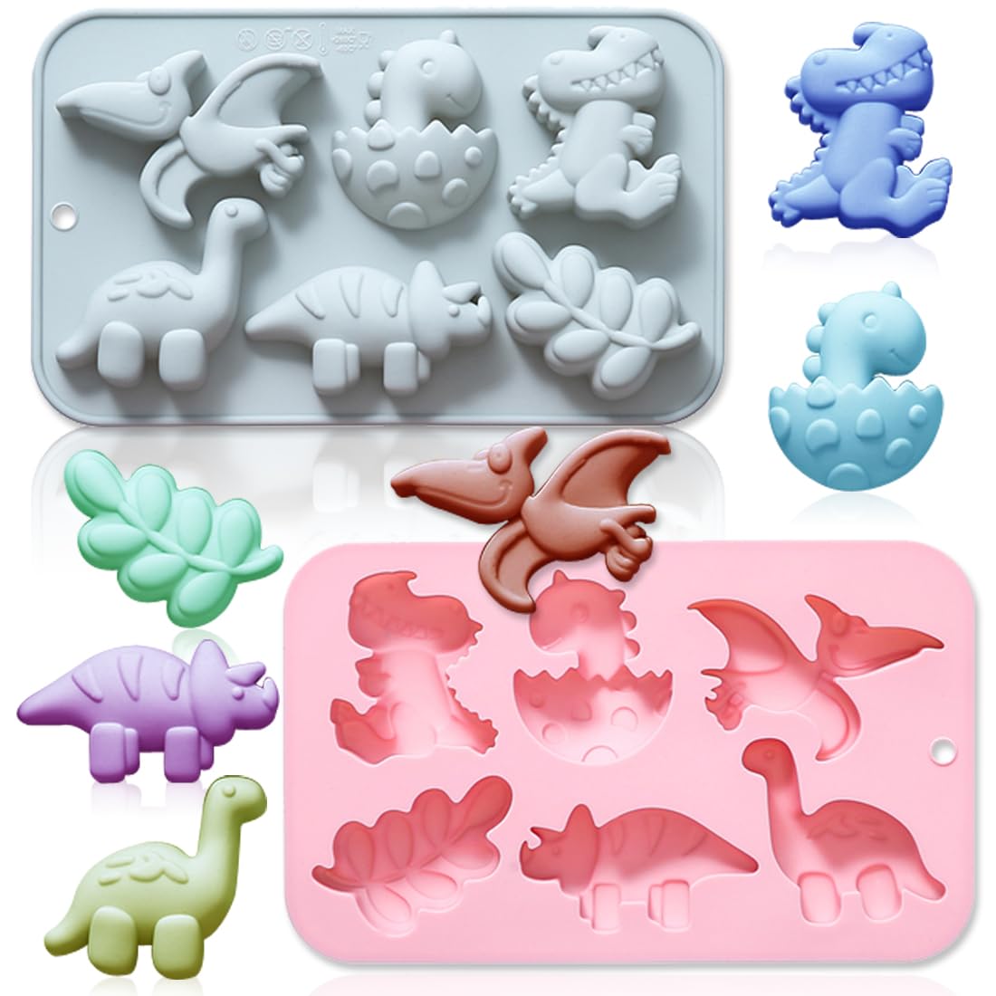 2 Pack Dinosaurs Themed Silicone Molds, 6 Cavity 3D Cute Dinosaur and Leaves DIY Silicone Fondant Cake Decor Mold Tray Baking Tools for Chocolate Candy Mousse Pudding Handmade Soap Candle Clay