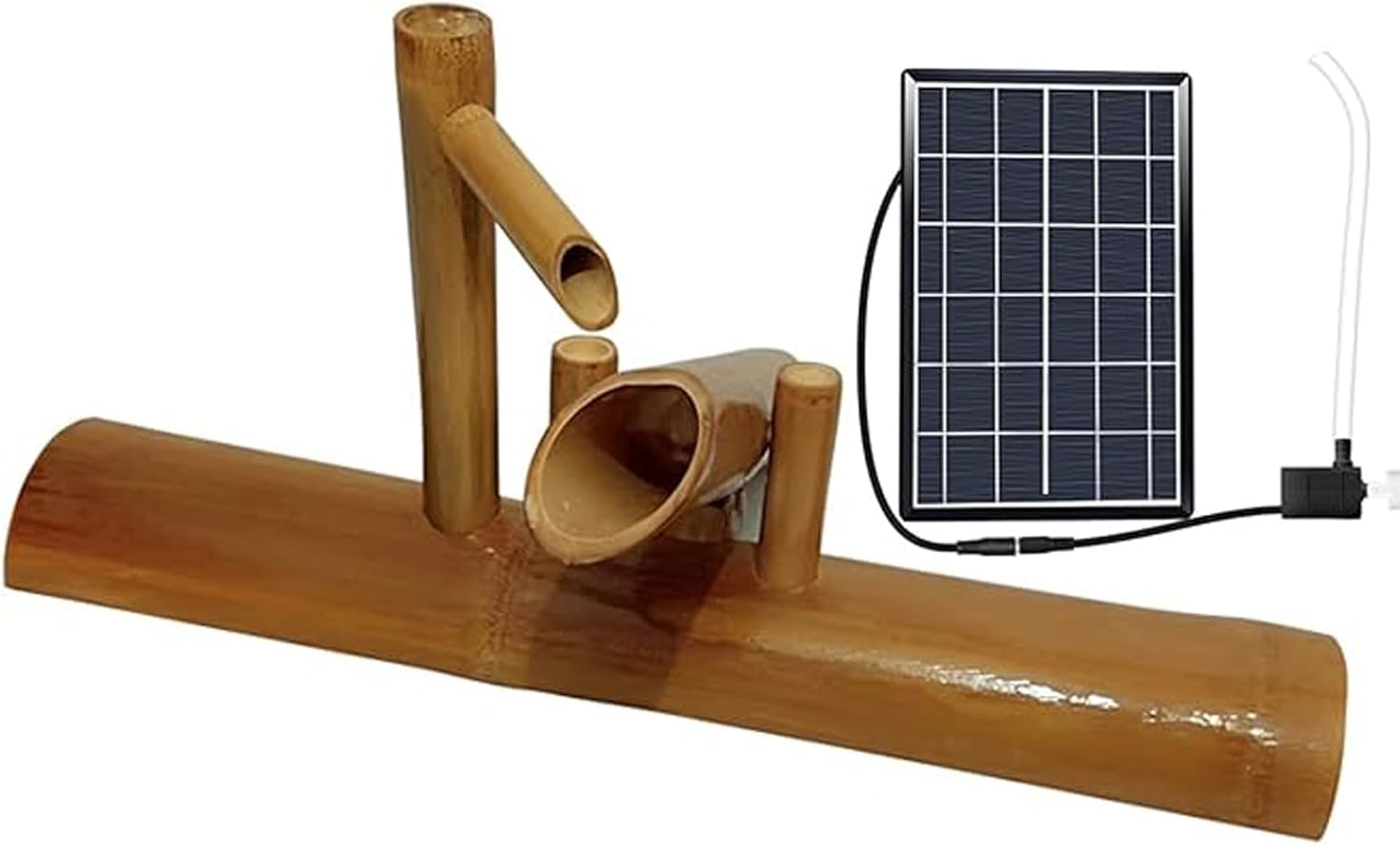 Bamboo Fountain, Zen Feng Shui Water Feature, Natural Crack-Resistant Garden Ornament, Solar-Powered Circulating Fountain, Landscape Decoration for Patio, Pond, 24in(60cm)
