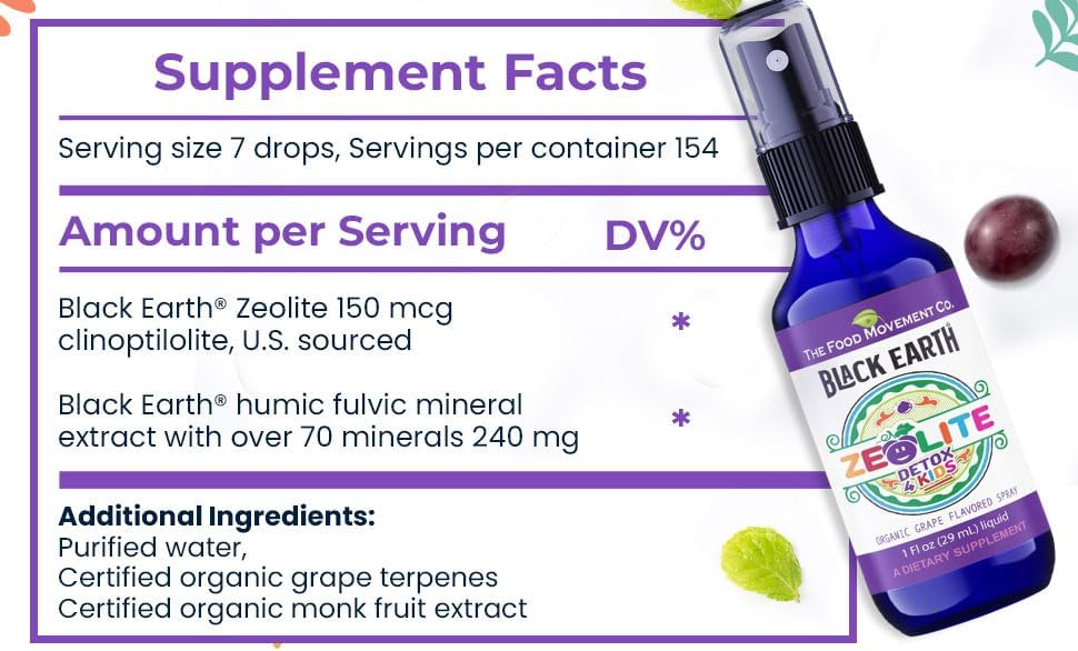 The Food Movement - Zeolite Detox for Kids, Organic Grape Flavor - Gentle Zeolite Liquid with Black Earth Humic and Fulvic Acid, Supports Natural Detoxification, 1 fl oz Pump Spray - Image 2