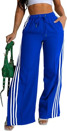 CXINS Womens Fashion Drawstring High Waist Side Split Slit Stripes Wide Leg Long Pant with Pockets