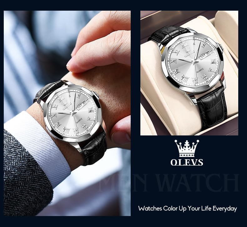 OLEVS Men's Chronograph Quartz Watches, Leather Strap Gold Case with Day Date, Waterproof Stainless Steel Wrist Watch, Luminous Hand Analog Watches for Men, Brown/Black/Blue/White Dial - Image 5